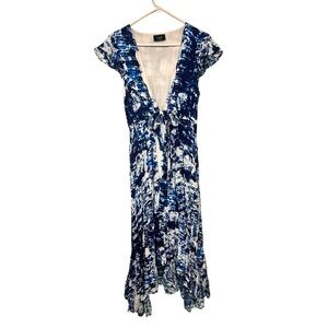 VICI Blue & White Asymmetrical Ruffle Front Tie Maxi Dress | Size Large